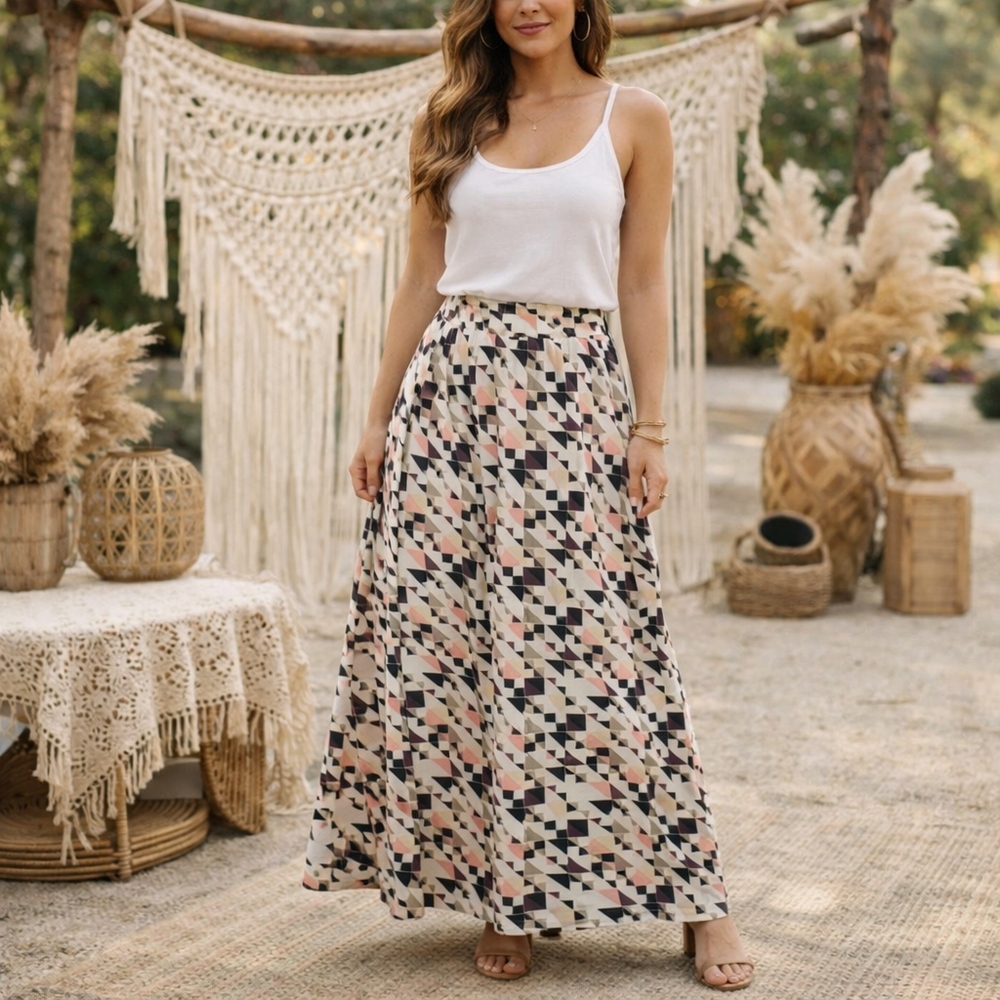 Kismet Stretchy Rayon Blend Geometric Print Maxi Skirt |Boho Pull-on Long Skirt